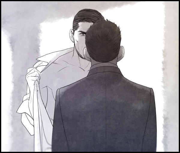 2boys, back, beard_stubble, couple, dark-skinned_male, dark_skin, facial_hair, greyscale