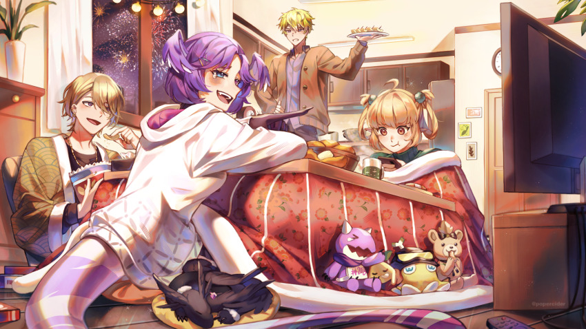 2boys, 2girls, black_shirt, blonde_hair, briskadet_(sonny_brisko), brown_cardigan, cardigan, chips_(food), dragon, dragon_girl, dragon_tail, dragoon_(selen_tatsuki), ear_piercing, eating, ember_(selen_tatsuki), fireworks, food, fruit, hair_rings, haori, happy_new_year, highres, hood, hoodie, indoors, japanese_clothes, kotatsu, laughing, luca_kaneshiro, lucub_(luca_kaneshiro), mandarin_orange, multiple_boys, multiple_girls, new_year, night, nijisanji, nijisanji_en, official_alternate_costume, official_alternate_hairstyle, open_mouth, papercider, parted_bangs, piercing, pointing, pomu_rainpuff, pomudachi_(pomu_rainpuff), potato_chips, purple_eyes, purple_hair, purple_shirt, red_eyes, selen_tatsuki, shirt, short_hair, smile, sonny_brisko, stuffed_animal, stuffed_toy, table, tail, tearing_up, television, twintails, under_kotatsu, under_table, virtual_youtuber, white_hoodie, window