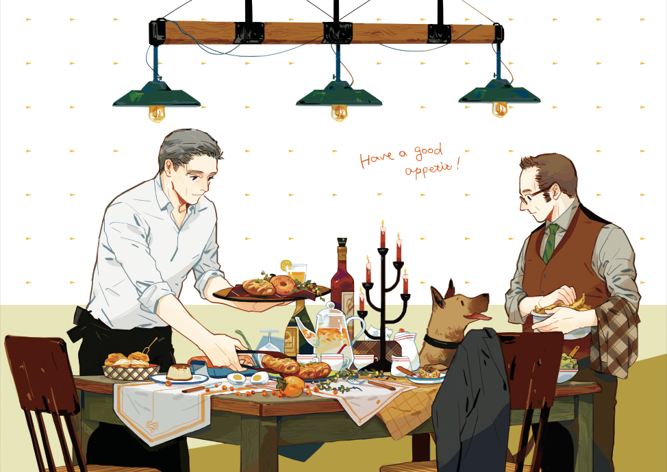 2boys, alcohol, apron, bear_(person_of_interest), black_suit, brown_hair, candelabra, candlestand
