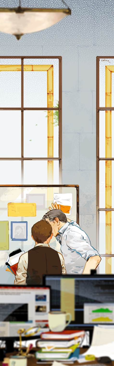 2boys, back, blurry, blurry_foreground, book, book_stack, brown_hair, chive