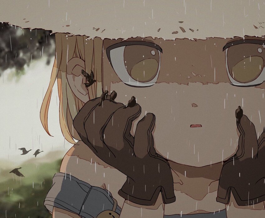 1girl, amidura, badge, bird, bird_on_hand, black_bird, blonde_hair, blue_overalls