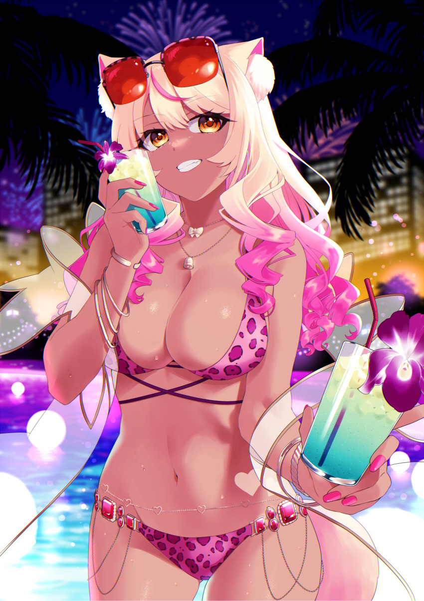 1girl, animal_ear_fluff, animal_ears, animal_print, aviator_sunglasses, bikini, blonde_hair, bracelet