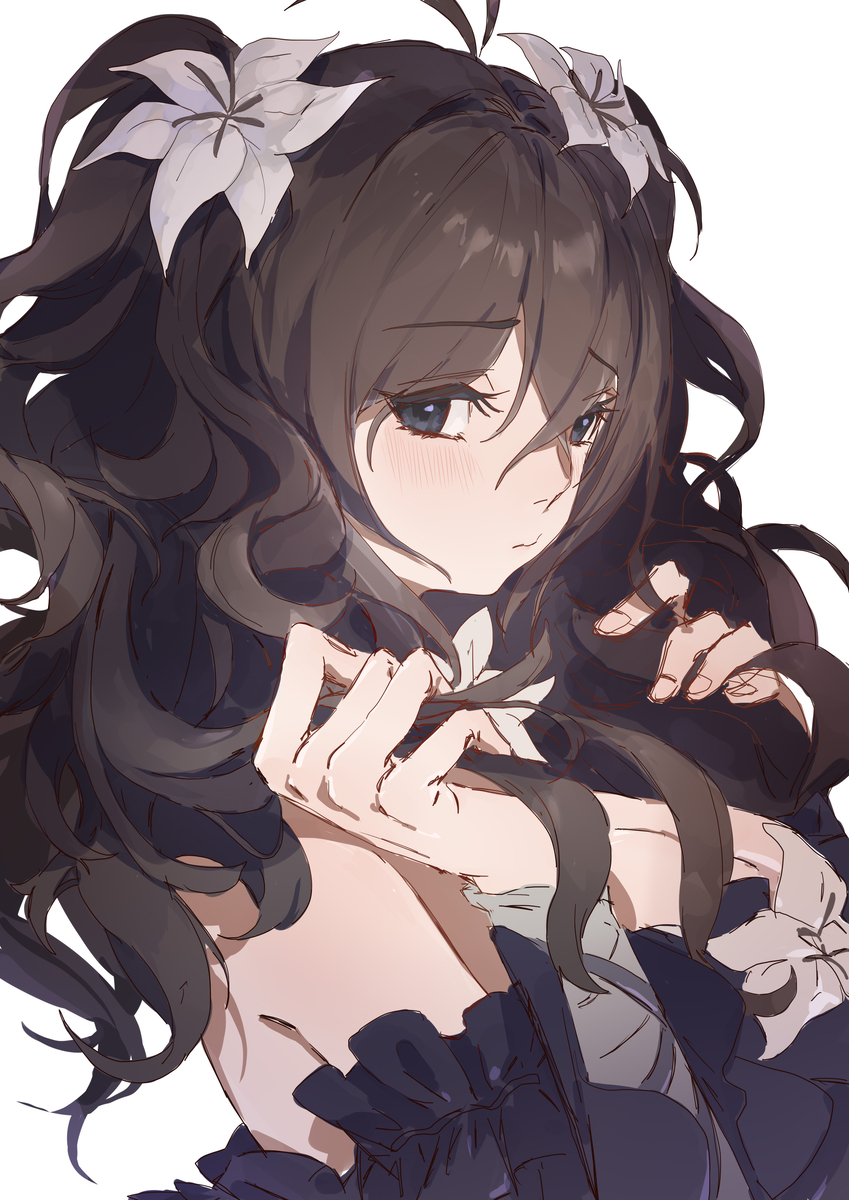 1girl, azur_lane, breasts, brown_hair, cleavage, closed_mouth, female_focus, flower