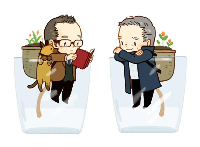 2boys, bear_(person_of_interest), black_suit, book, brown_hair, chibi, chive, crossed_arms