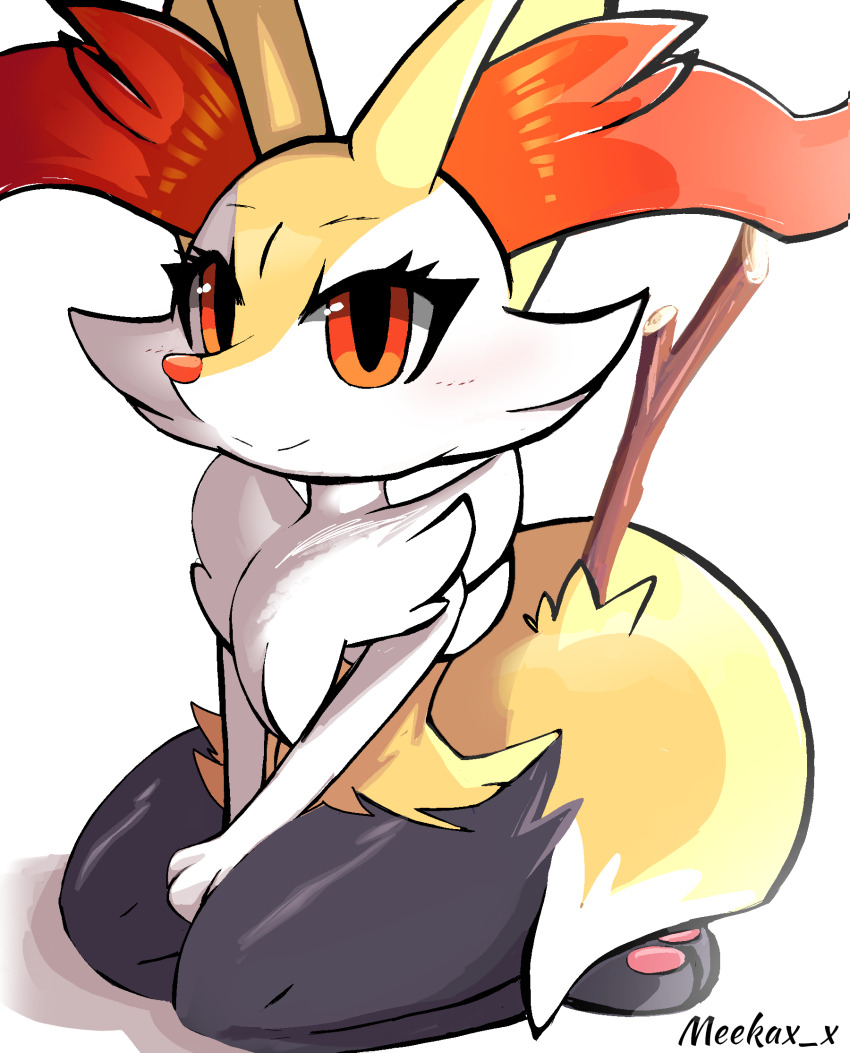 1girl, animal_ear_fluff, animal_ears, animal_feet, animal_hands, animal_nose, artist_name, between_legs, black_fur, blush, body_fur, braixen, closed_mouth, female_focus, fox_ears, fox_girl, fox_tail, full_body, furry, furry_female, gen_6_pokemon, hand_between_legs, happy, highres, kneeling, light_blush, looking_at_viewer, meeka, multicolored_fur, neck_fur, nintendo, own_hands_together, pawpads, pokemon, pokemon_(creature), red_eyes, seiza, simple_background, sitting, smile, snout, solo, split_mouth, stick, tail, thick_thighs, thighs, v_arms, watermark, white_background, white_fur, yellow_fur