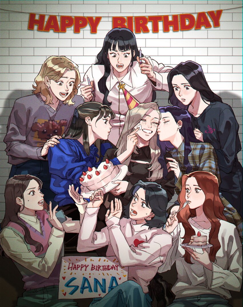 6+girls, black_hair, black_sweater, blonde_hair, blue_jacket, brick_wall, brown_hair, cake