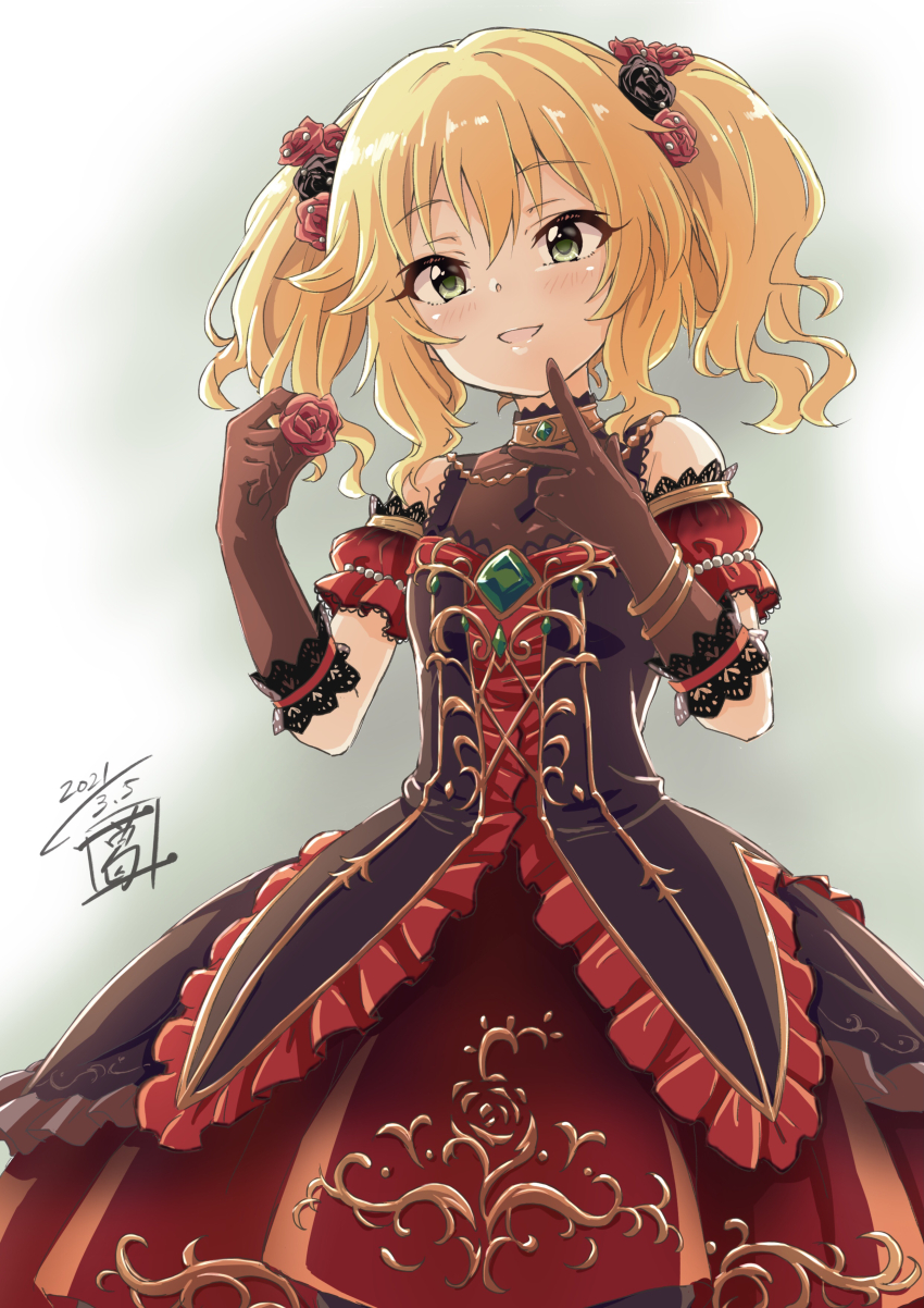 1girl, absurdres, alternate_hairstyle, bare_shoulders, black_flower, black_rose, blonde_hair, blush