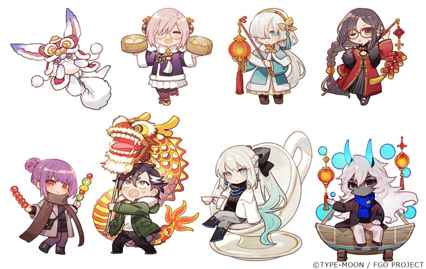 2boys, 5girls, :o, anastasia_(fate), aqua_hair, arjuna_(fate), arjuna_alter_(fate), bamboo_steamer, black-framed_eyewear, black_bow, black_footwear, black_hair, black_jacket, black_pants, black_shirt, black_shorts, black_sweater, blue_coat, blue_eyes, blue_scarf, boots, bow, braid, braided_ponytail, brown_eyes, brown_footwear, brown_hair, brown_scarf, bun_cover, chibi, chinese_clothes, chinese_knot, cleavage_cutout, closed_eyes, closed_mouth, clothing_cutout, coat, company_name, copyright_name, copyright_notice, crossed_legs, cup, dark-skinned_male, dark_skin, double_bun, dress, dumpling, earrings, fate/grand_order, fate_(series), food, fou_(fate), fur-trimmed_coat, fur-trimmed_jacket, fur_shawl, fur_trim, glasses, gloves, gold_hairband, gradient_hair, green_jacket, grey_eyes, grey_hair, grey_jacket, grey_pants, hair_between_eyes, hair_bow, hair_bun, hair_ornament, hair_over_one_eye, hairband, holding, holding_cup, holding_food, holding_lantern, horns, jacket, jewelry, jiaozi, lantern, light_blush, lion_dance, long_hair, long_sleeves, looking_at_viewer, looking_up, mandricardo_(fate), mash_kyrielight, morgan_le_fay_(fate), multicolored_hair, multiple_boys, multiple_girls, official_alternate_costume, official_alternate_hairstyle, official_art, one_eye_closed, open_mouth, oversized_object, pants, pantyhose, pantyhose_under_shorts, paper_lantern, pink_hair, ponytail, purple_coat, purple_hair, purple_pantyhose, red_dress, red_eyes, ribbed_sweater, scarf, scathach_(fate), shanzha_(fruit), shawl, shirt, shoes, short_hair, shorts, simple_background, sitting, skewer, skirt, smile, standing, standing_on_one_leg, star_(symbol), streaked_hair, sweatdrop, sweater, taa_(acid), tanghulu, tassel, tassel_hair_ornament, teacup, turtleneck, turtleneck_sweater, white_background, white_gloves, white_hair, white_jacket, white_shirt, white_skirt, yellow_shoes, yu_mei-ren_(fate)