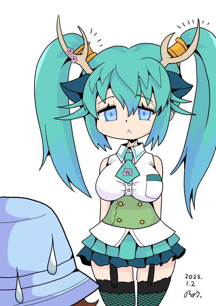 1boy, 1girl, :<, aqua_hair, bare_shoulders, blue_dragon_(kemono_friends), blue_eyes, breast_pocket