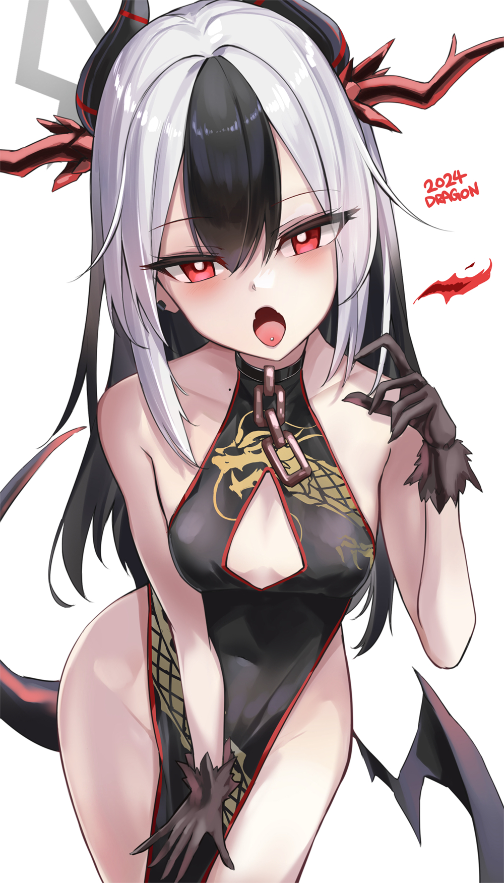 1girl, 2024, black_dress, black_gloves, black_hair, black_horns, black_tail, blue_archive