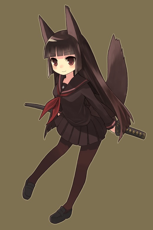 animal_ears, black_hair, black_serafuku, blunt_bangs, fox_ears, hime_cut, hinuki_marina, long_hair