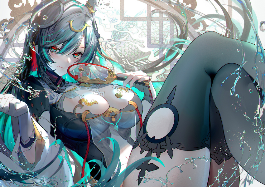 1girl, absurdres, black_hair, black_thighhighs, breasts, chinese_clothes, cleavage_cutout, closed_mouth