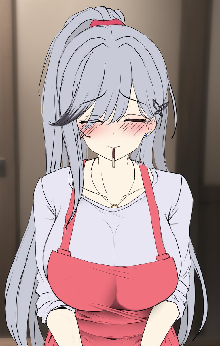 1girl, alternate_costume, apron, artist_request, azur_lane, blush, butterfly_hair_ornament, closed_eyes