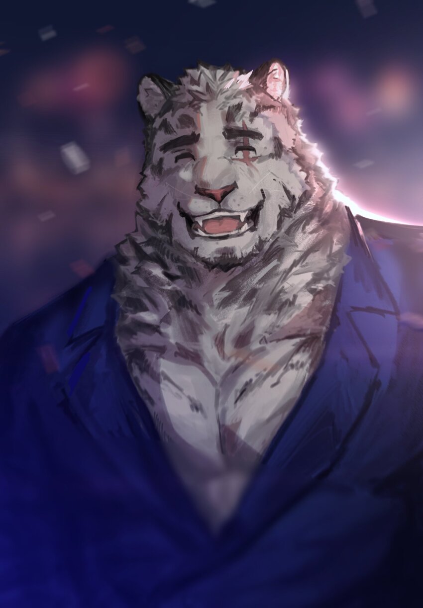 1boy, animal_ears, arknights, bara, blue_suit, character_name, closed_eyes, commentary