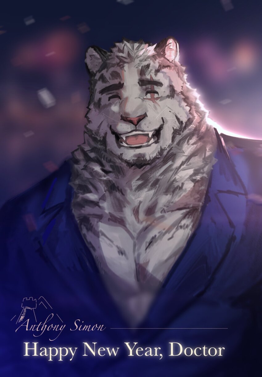 1boy, animal_ears, arknights, bara, blue_suit, character_name, closed_eyes, commentary