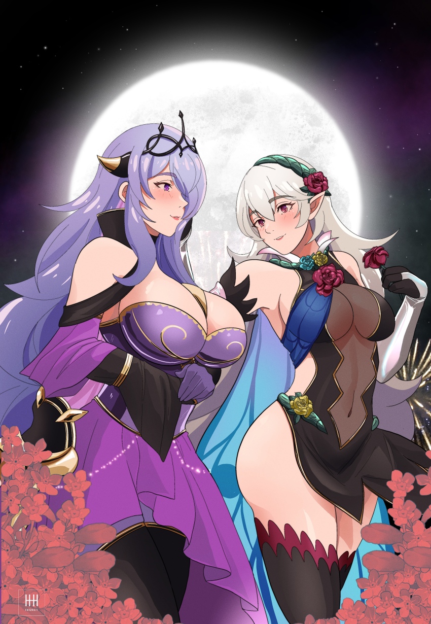 2girls, absurdres, blush, breasts, camilla_(alluring_darkness)_(fire_emblem), camilla_(fire_emblem), cleavage, female_corrin_(fire_emblem), female_corrin_(resplendent)_(fire_emblem), covered_navel, dress, fire_emblem, fire_emblem_fates, fire_emblem_heroes, flower, grey_hair, hair_flower, hair_ornament, hairband, highres, ihsnet, large_breasts, long_hair, looking_at_another, moon, multiple_girls, nintendo, official_alternate_costume, pointy_ears, purple_hair, sash, see-through_cleavage, see-through_clothes, thighhighs, tiara, very_long_hair, yuri