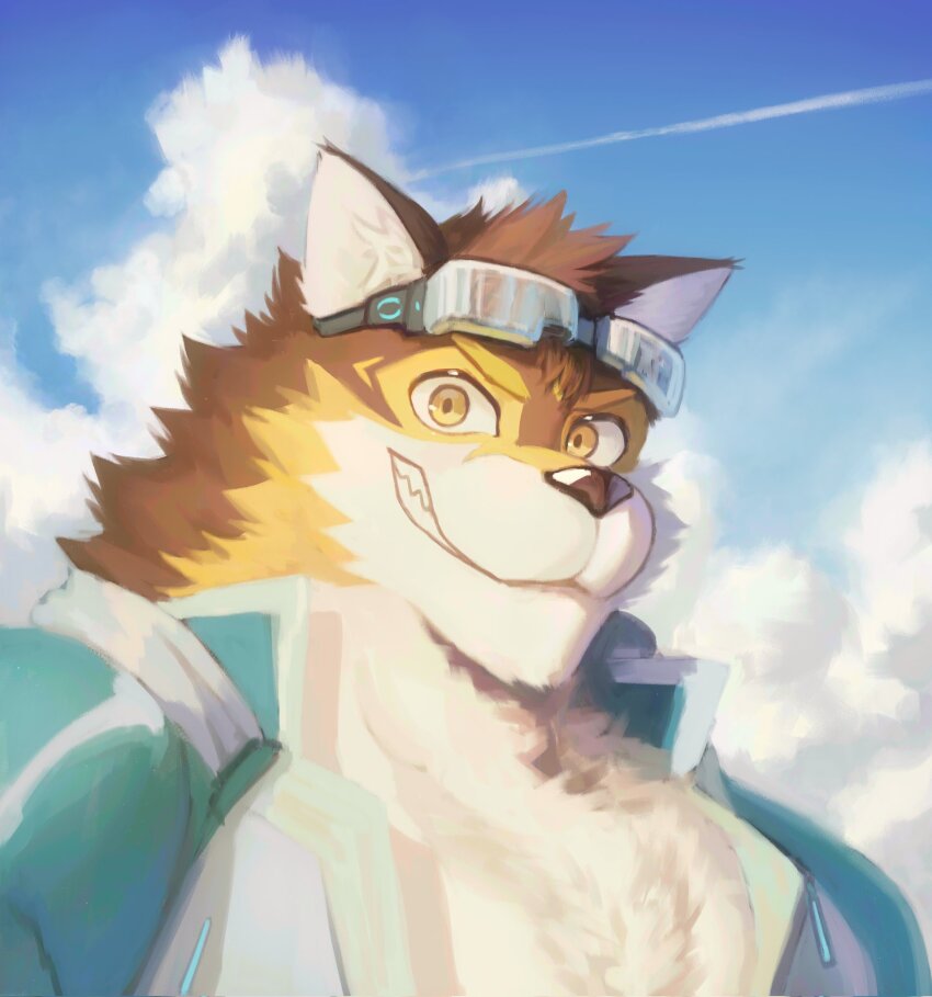 1boy, animal_ears, bara, barrel_(cool_gunfighter)_(live_a_hero), barrel_(live_a_hero), blue_sky, cloud, cloudy_sky, commentary_request, dog_boy, dog_ears, furry, furry_male, goggles, goggles_on_head, highres, live_a_hero, looking_at_viewer, male_focus, mixed-language_commentary, moaoxnx, pectoral_cleavage, pectorals, sharp_teeth, sky, smile, teeth, upper_body