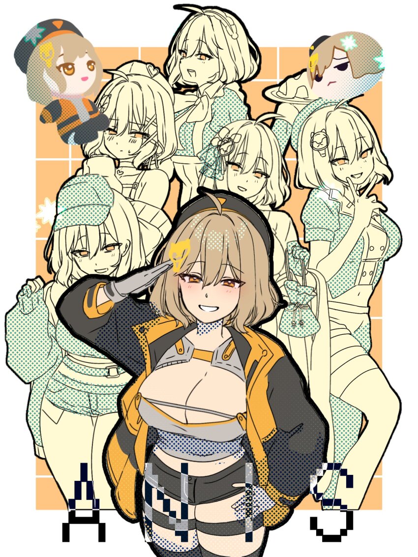 1girl, ahoge, alternate_costume, anis_(nikke), bandolier, belt, beret, black_hat