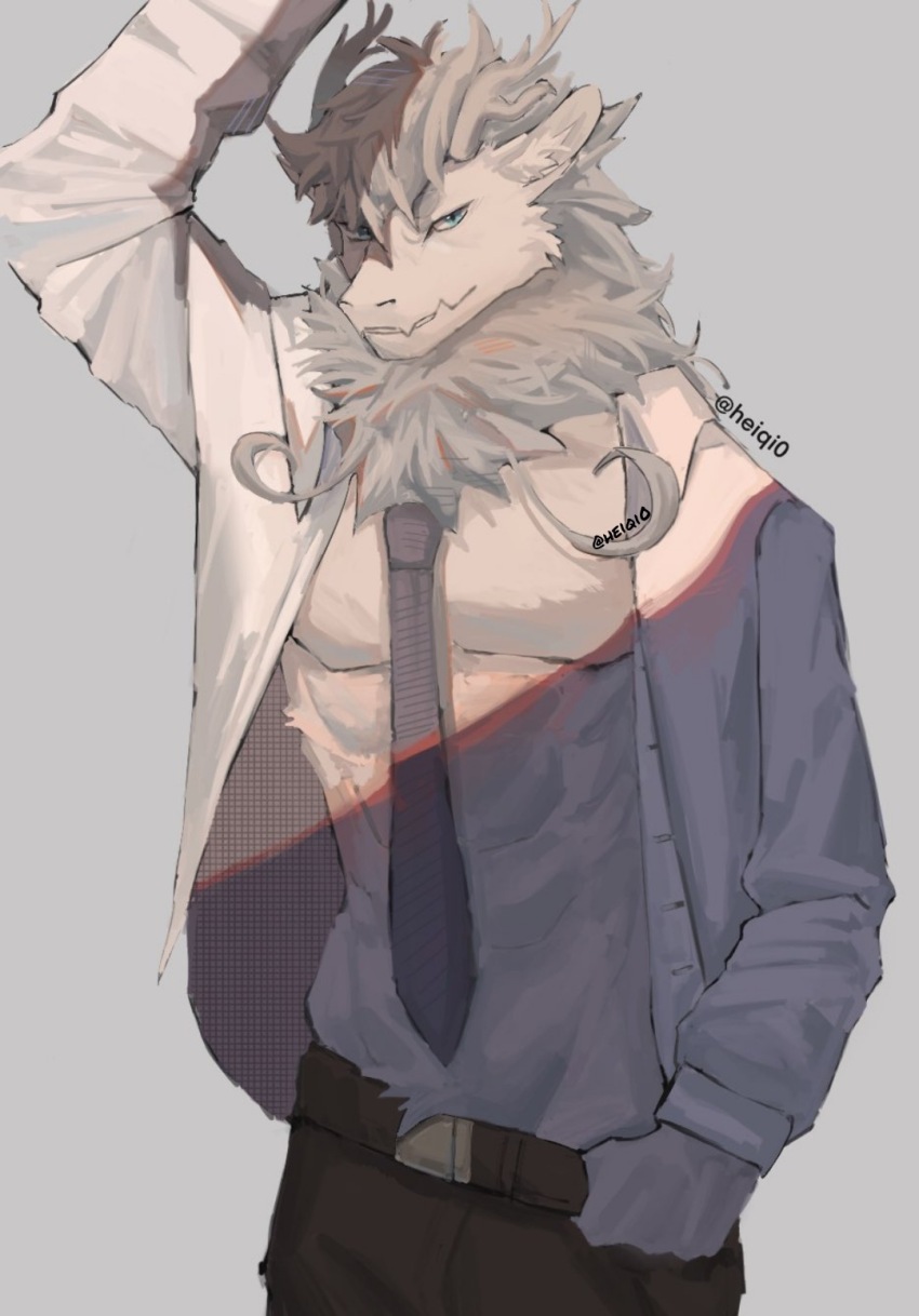 1boy, abs, animal_ears, ao_lie_(feiren_zai), arm_up, belt, brown_belt, brown_pants