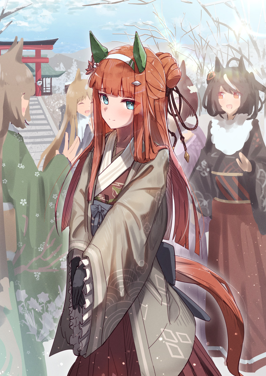 5girls, :d, absurdres, ahoge, alternate_costume, alternate_hairstyle, animal_ears, aqua_eyes, black_gloves, black_hair, black_kimono, brown_hair, ear_covers, gloves, grass_wonder_(umamusume), green_kimono, hair_bun, hair_ornament, hairband, hairclip, hakama, hatsumoude, highres, hime_cut, horse_ears, horse_girl, horse_tail, japanese_clothes, kimono, kitasan_black_(umamusume), long_hair, long_sleeves, looking_at_another, looking_at_viewer, moca_suzuka, multicolored_hair, multiple_girls, new_year, open_mouth, orange_hair, purple_eyes, purple_kimono, red_eyes, red_hakama, satono_diamond_(umamusume), short_hair, silence_suzuka_(umamusume), smile, solo_focus, special_week_(umamusume), streaked_hair, tail, torii, two-tone_hair, umamusume, white_hair, white_hairband, wide_sleeves