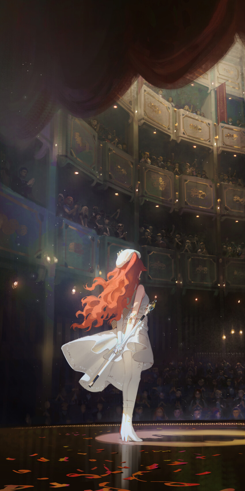 1girl, 6+boys, 6+girls, absurdres, arms_behind_back, cane, crowd, ddal, dress, hat, high_heels, highres, long_hair, multiple_boys, multiple_girls, orange_hair, reverse:1999, solo_focus, sonetto_(parade_anthem)_(reverse:1999), sonetto_(reverse:1999), stage, standing, white_dress, white_footwear, white_headwear
