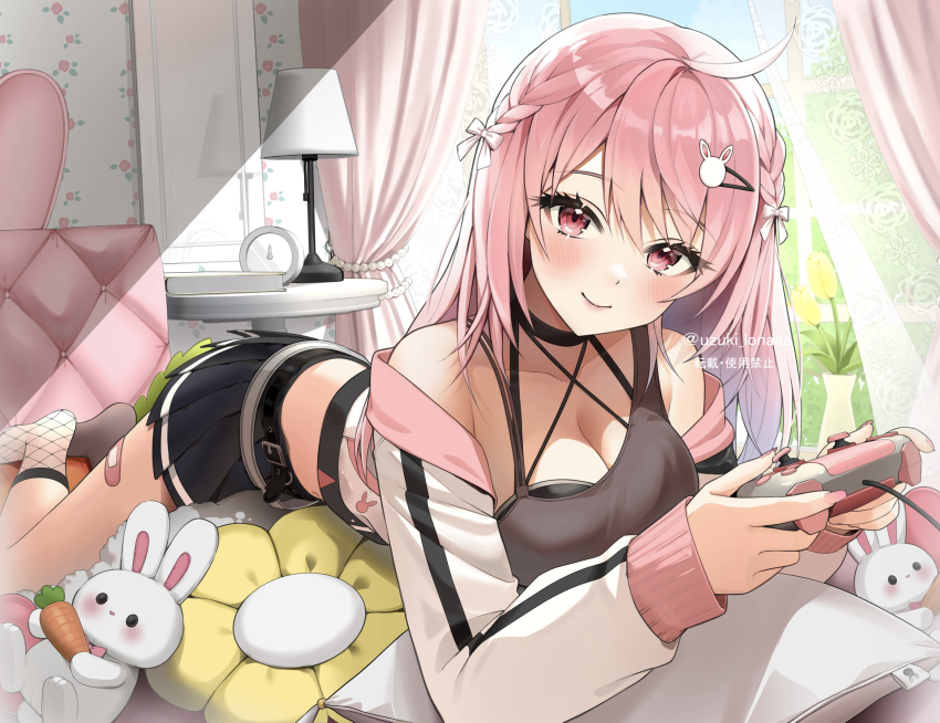 1girl, ahoge, bare_shoulders, belt, black_choker, black_skirt, braid, breasts, brown_shirt, choker, cleavage, closed_mouth, criss-cross_halter, crop_top, fishnet_socks, fishnets, game_controller, halterneck, highres, holding, indie_virtual_youtuber, indoors, jacket, large_breasts, lying, midriff, miniskirt, off_shoulder, official_art, on_stomach, pink_hair, playstation_controller, pleated_skirt, red_eyes, shirt, skirt, sleeveless, sleeveless_shirt, smile, socks, solo, spaghetti_strap, stuffed_animal, stuffed_rabbit, stuffed_toy, tate_yukimi, thighs, uzuki_iona, virtual_youtuber, white_jacket