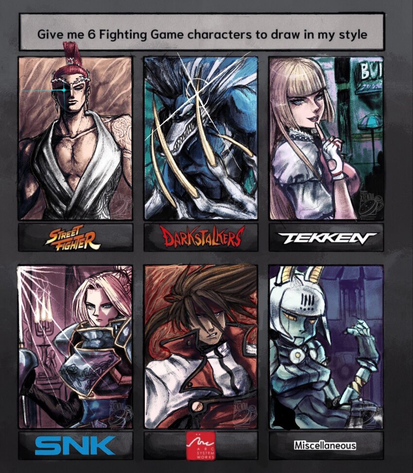 2boys, 4girls, charlotte_christine_de_colde, cozenveil, crossover, emilie_de_rochefort, jon_talbain, guilty_gear, highres, marisa_(street_fighter), multiple_boys, multiple_girls, robo-fortune, samurai_spirits, skullgirls, sol_badguy, street_fighter, street_fighter_6, tagme, tekken, darkstalkers, wolf