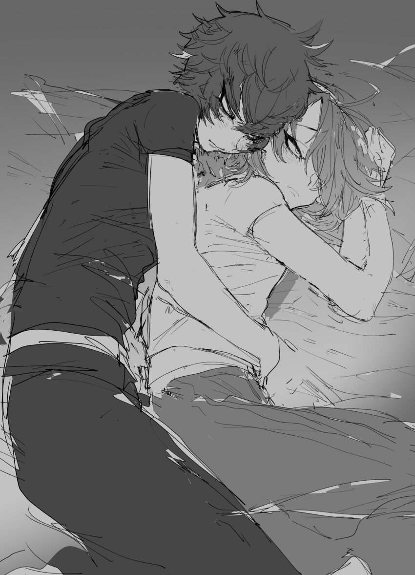 2boys, arms_around_another's_waist, bed, bed_sheet, behind_another, belt, blush, commentary_request, cuddling, facing_away, furrowed_brow, greyscale, hair_between_eyes, hair_over_one_eye, half-closed_eyes, highres, male_focus, master_detective_archives:_rain_code, messy_hair, monochrome, multiple_boys, na_6, pants, shirt, short_hair, short_sleeves, yaoi, yomi_hellsmile, zilch_alexander