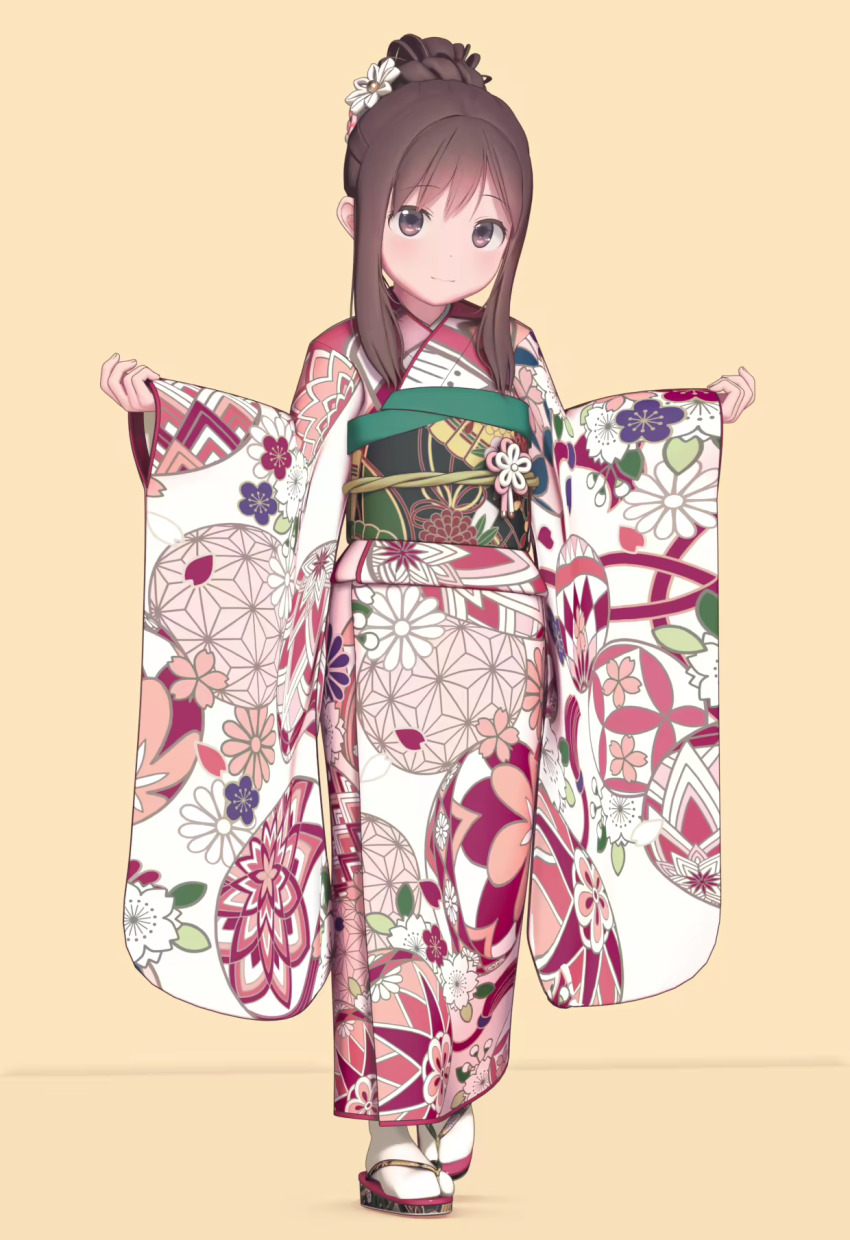 1girl, 3d, braid, brown_eyes, brown_hair, child, custom_udon, dot_nose, female_focus, floral_print, flower, full_body, hair_flower, hair_ornament, hairpin, highres, japanese_clothes, jewelry, kimono, light_smile, long_sleeves, looking_at_viewer, orange_background, original, print_yukata, sash, sidelocks, sleeves_past_wrists, socks, solo, standing, tabi, white_socks, wide_sleeves, yukata
