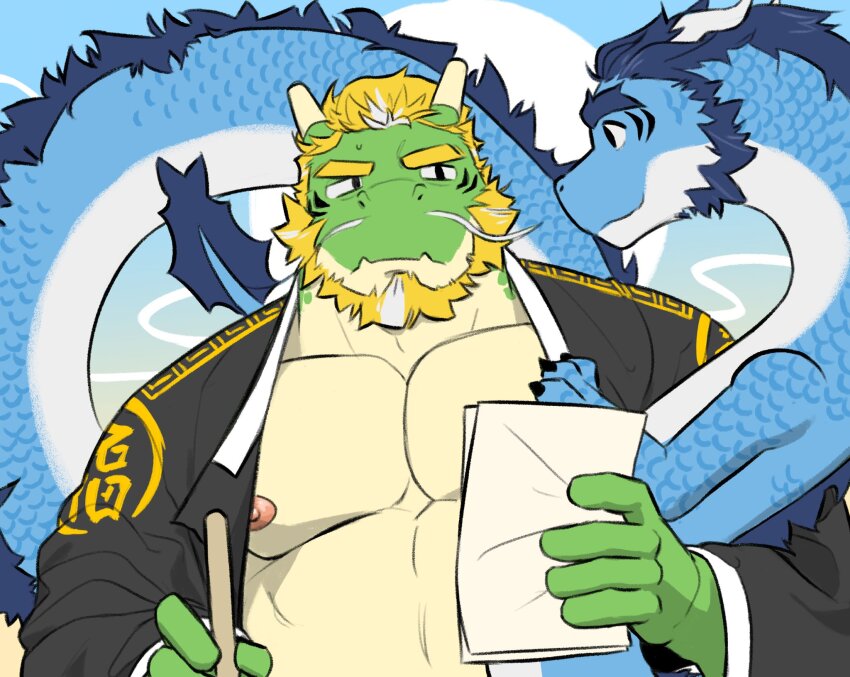 2boys, animal_ears, bara, bare_pectorals, beard, blonde_hair, blue_fur, blue_hair