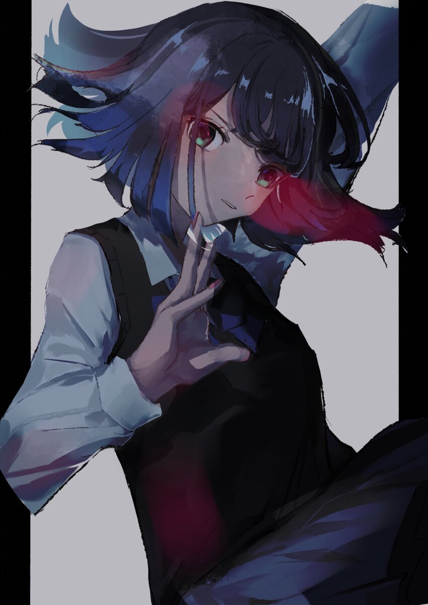 1girl, arm_up, black_sweater_vest, blue_bow, blue_bowtie, blue_eyes, blue_hair, blue_skirt, bow, bowtie, collared_shirt, commentary_request, dress_shirt, floating_hair, hand_up, highres, kurokawa_akane, long_sleeves, looking_at_viewer, nail_polish, oshi_no_ko, parted_lips, pink_nails, school_uniform, shirt, short_hair, skirt, solo, sweater_vest, uka_ari4, variant_set, white_shirt