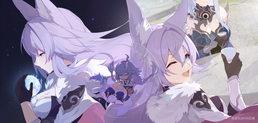 3girls, ;d, absurdres, animal_ears, aqua_eyes, baiheng_(honkai:_star_rail), bailu_(honkai:_star_rail), black_gloves