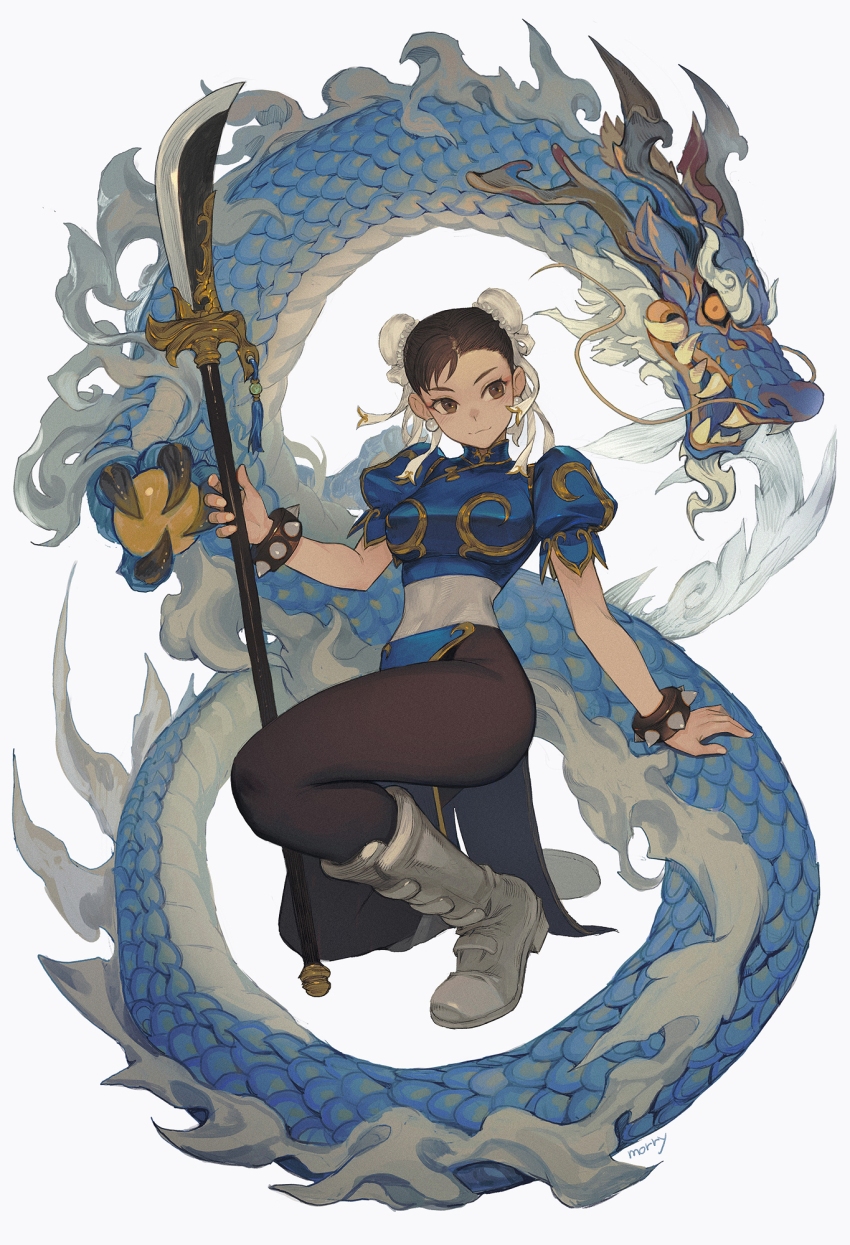 1girl, black_pantyhose, blue_dress, boots, breasts, brown_eyes, capcom, chun-li, closed_mouth, double_bun, dragon, dress, hair_bun, highres, holding, holding_polearm, holding_weapon, kwan_dao_(weapon), lance, large_breasts, medium_hair, morry, pantyhose, polearm, short_sleeves, simple_background, smile, street_fighter, weapon, white_background, white_footwear