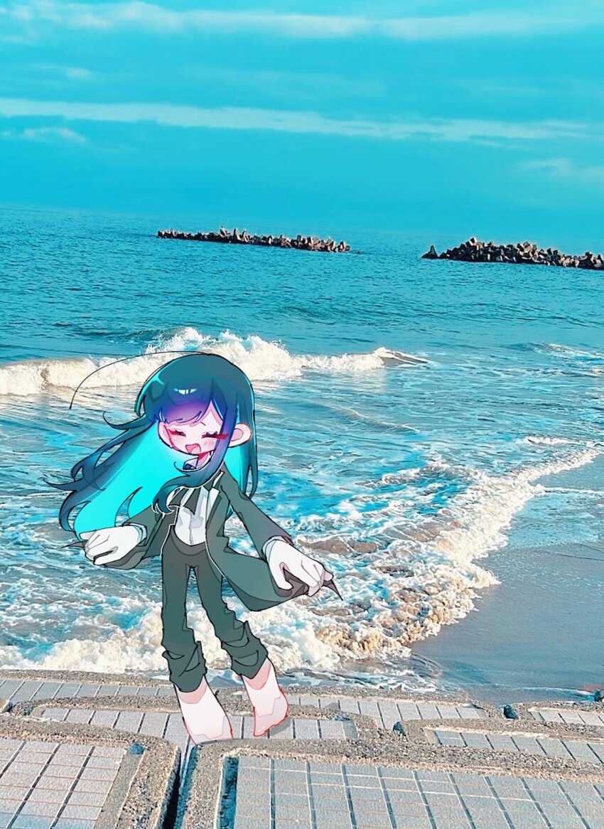 1girl, ado_(utaite), beach, black_bow, black_bowtie, black_coat, black_pants, blue_hair, blush, bow, bowtie, chando_(ado), closed_eyes, cloud_nine_inc, coat, collared_shirt, colored_inner_hair, commentary_request, dress_shirt, floating_hair, gloves, highres, horizon, light_blush, long_hair, long_sleeves, multicolored_hair, ocean, open_clothes, open_coat, open_mouth, outdoors, pants, photo_background, popu_pop, shirt, sidelocks, solo, two-tone_hair, utaite, white_gloves, white_shirt