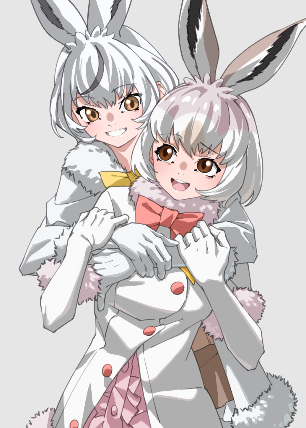 2girls, animal_ears, blush, bow, bowtie, brown_eyes, center_frills, coat