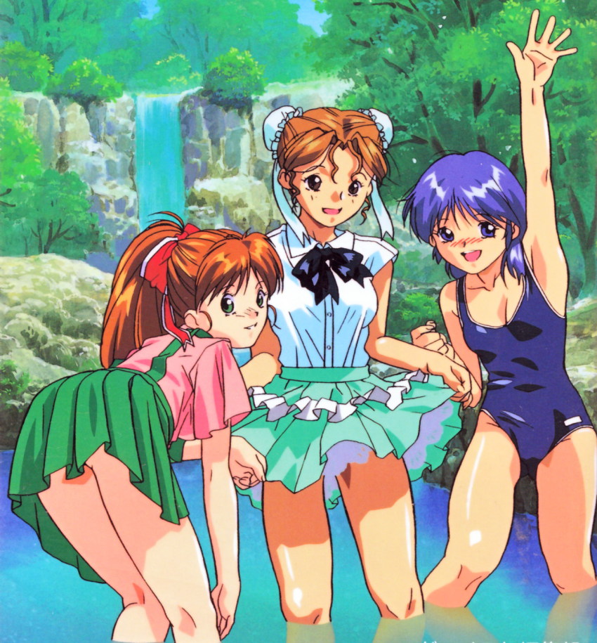 3girls, blue_one-piece_swimsuit, bun_cover, clothes_lift, day, double_bun, hair_bun, hayasaka_akira, highres, holding_own_skirt, mana_(super_real_mahjong), multiple_girls, one-piece_swimsuit, outdoors, ponytail, retro_artstyle, serizawa_kasumi, super_real_mahjong, swimsuit, tanaka_ryou, wading, water, waterfall