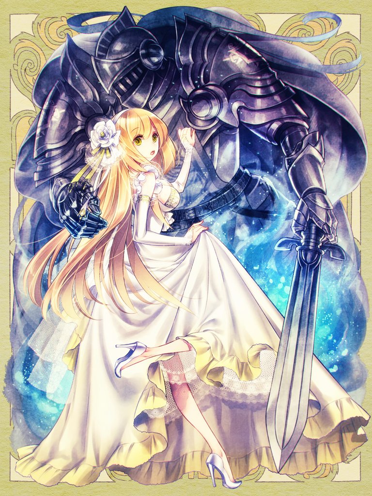 1boy, 1girl, :o, armor, black_armor, black_cape, blonde_hair, bridal_gauntlets, cape, dress, flower, full_armor, full_body, gauntlets, gown, green_background, green_hair, hair_between_eyes, hair_flower, hair_ornament, hairband, hand_on_another's_chest, helm, helmet, high_heels, holding, holding_own_dress, holding_sword, holding_weapon, kawa_k3, knight, lace_trim, long_dress, long_hair, looking_to_the_side, pauldrons, protecting, psychic_hearts, short_sleeves, shoulder_armor, size_difference, spirit, standing, standing_on_one_leg, sword, weapon, white_bridal_gauntlets, white_dress, white_flower, white_footwear, white_hairband