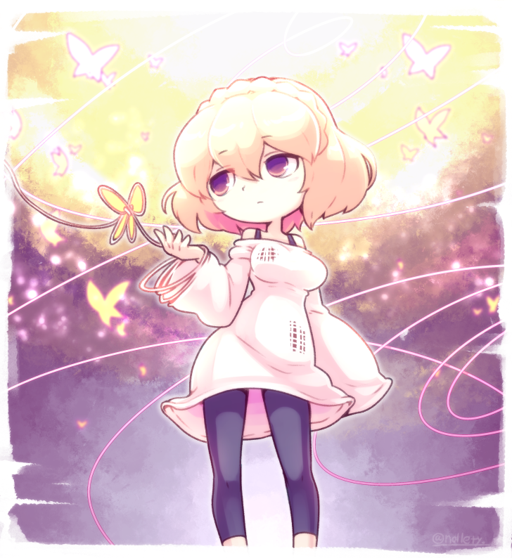 1girl, bemani, black_pantyhose, blonde_hair, braid, breasts, bug, butterfly
