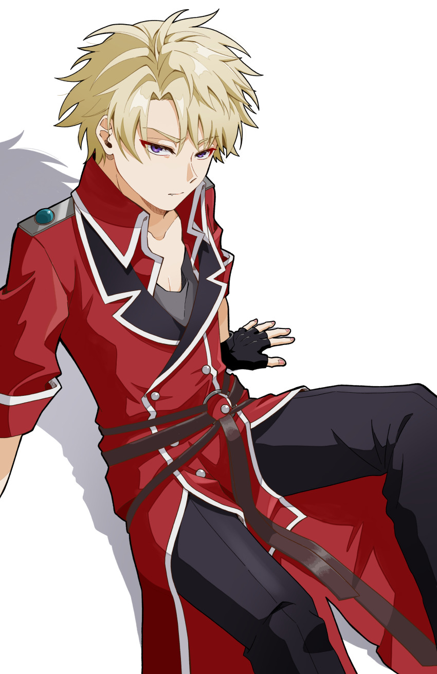 1boy, absurdres, black_pants, blonde_hair, chimimago, fingerless_gloves, gloves, high_collar, highres, hikikomari_kyuuketsuki_no_monmon, johan_helders, on_floor, pants, purple_eyes, shadow, short_hair, solo, uniform