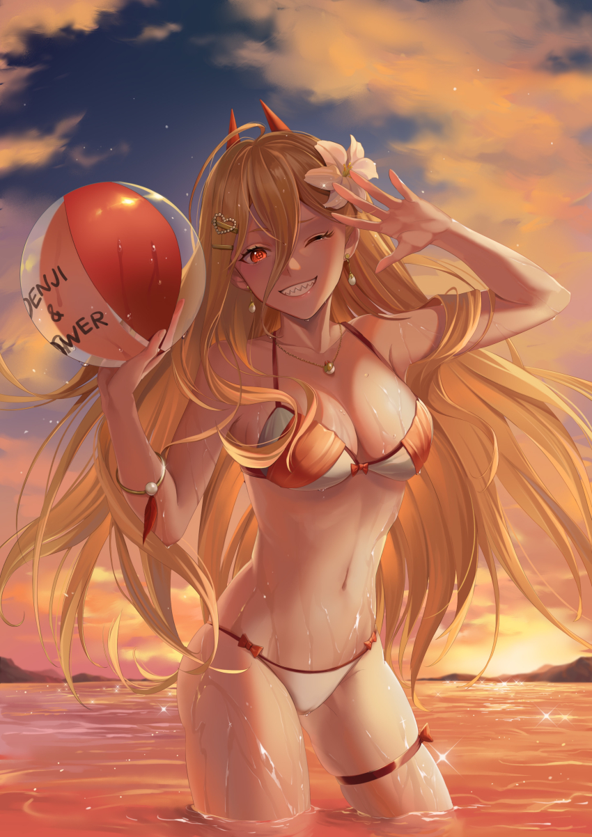 1girl, absurdres, ahoge, ball, beachball, bikini, blonde_hair, bracelet, chainsaw_man, cloud, cloudy_sky, commentary, earrings, flower, grin, hair_between_eyes, hair_flower, hair_ornament, heart, heart_hair_ornament, highres, holding, holding_ball, holding_beachball, horns, jewelry, kiunchiku, long_hair, mountain, multicolored_bikini, necklace, ocean, one_eye_closed, orange_bikini, power_(chainsaw_man), red_eyes, red_horns, sharp_teeth, sky, smile, solo, sparkle, sunset, swimsuit, teeth, thigh_strap, two-tone_bikini, very_long_hair, wading, waving, wet, white_bikini