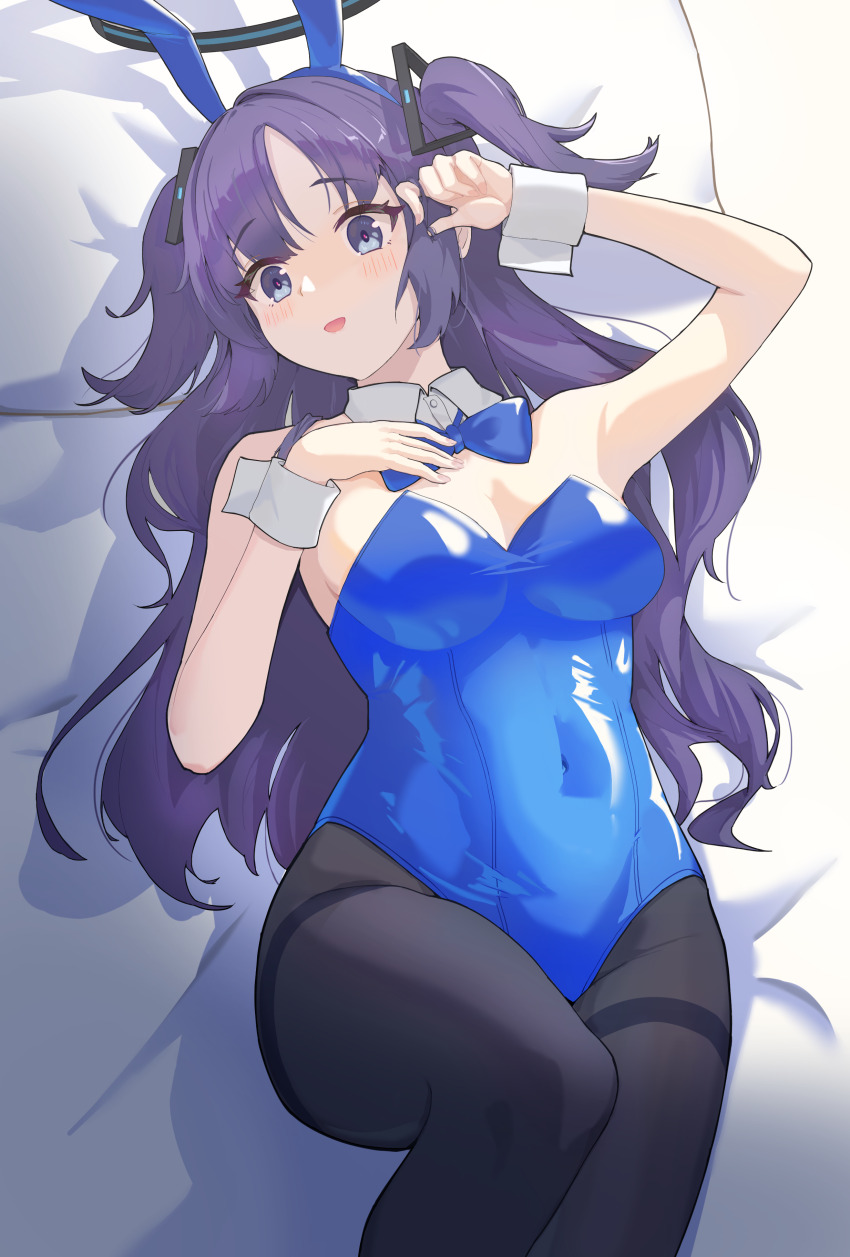 absurdres, blue_archive, blue_eyes, breasts, cleavage, highres, kailu_(531002068), looking_at_viewer, lying, medium_breasts, open_mouth, playboy_bunny, purple_hair, rabbit_ears, smile, two_side_up, yuuka_(blue_archive)