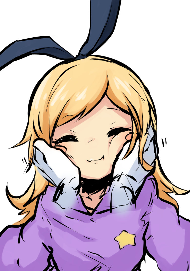 1girl, :t, akagami_(feat_akagami), blonde_hair, blush_stickers, bow_hairband, cheek_squash, closed_eyes