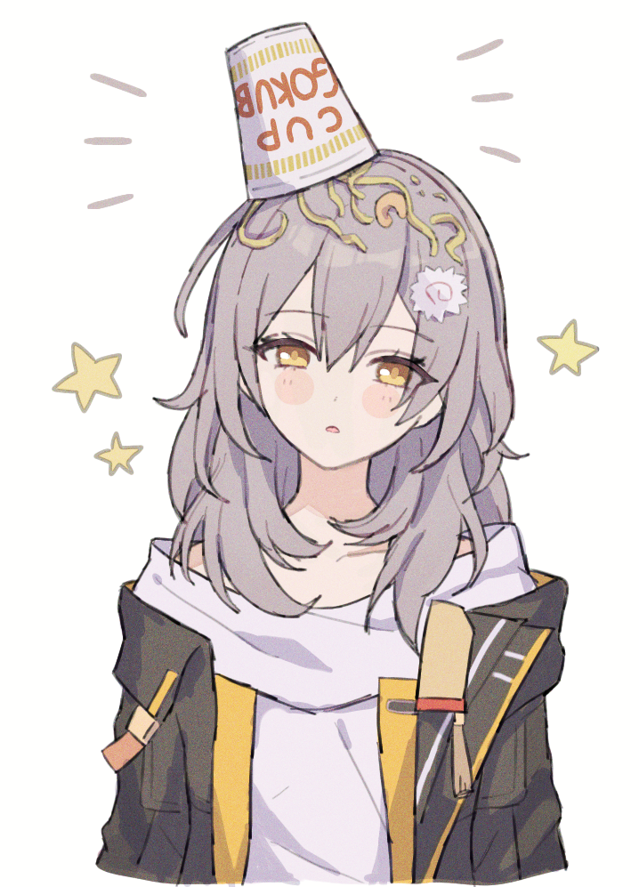 1girl, anaketsu, black_jacket, cropped_torso, cup_on_head, food, grey_hair, head_tilt