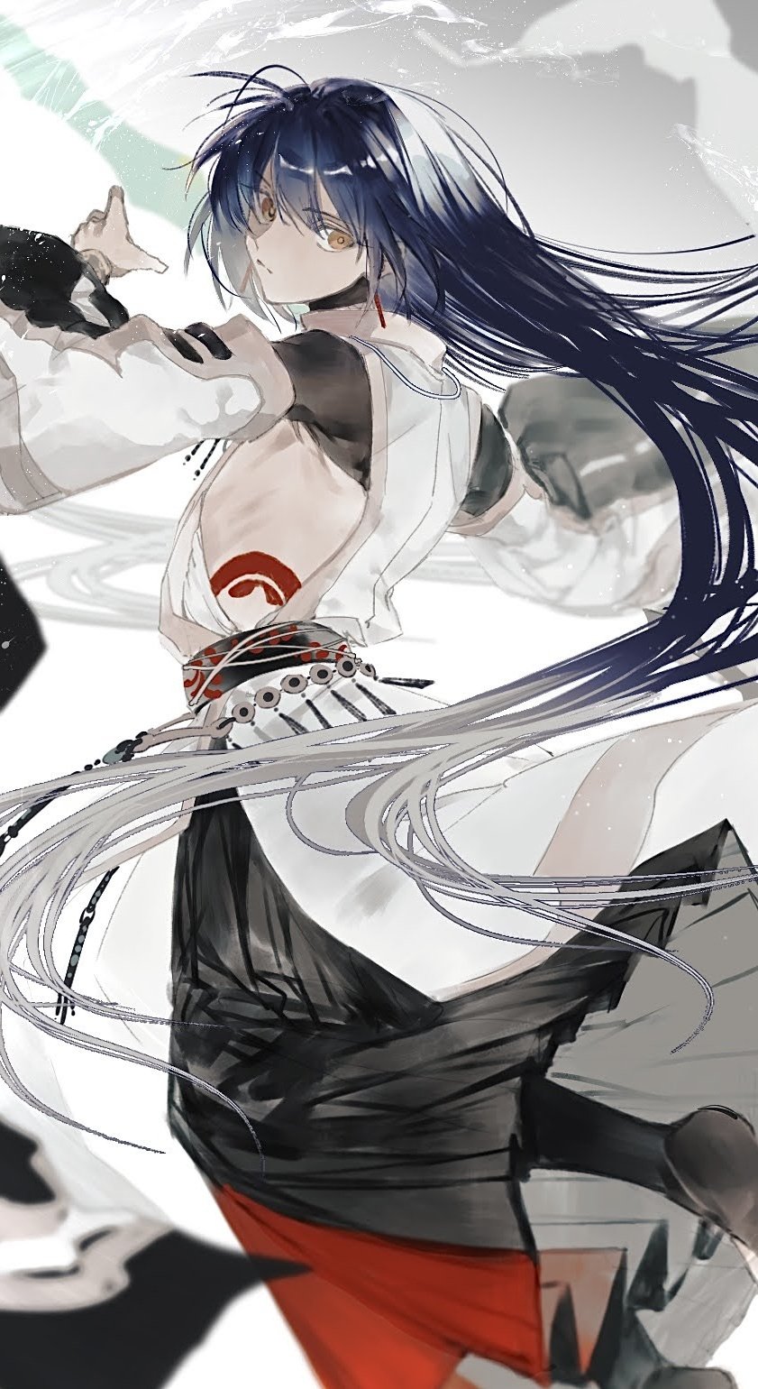 1other, ahoge, androgynous, black_hair, black_hakama, body_markings, earrings, fate/grand_order