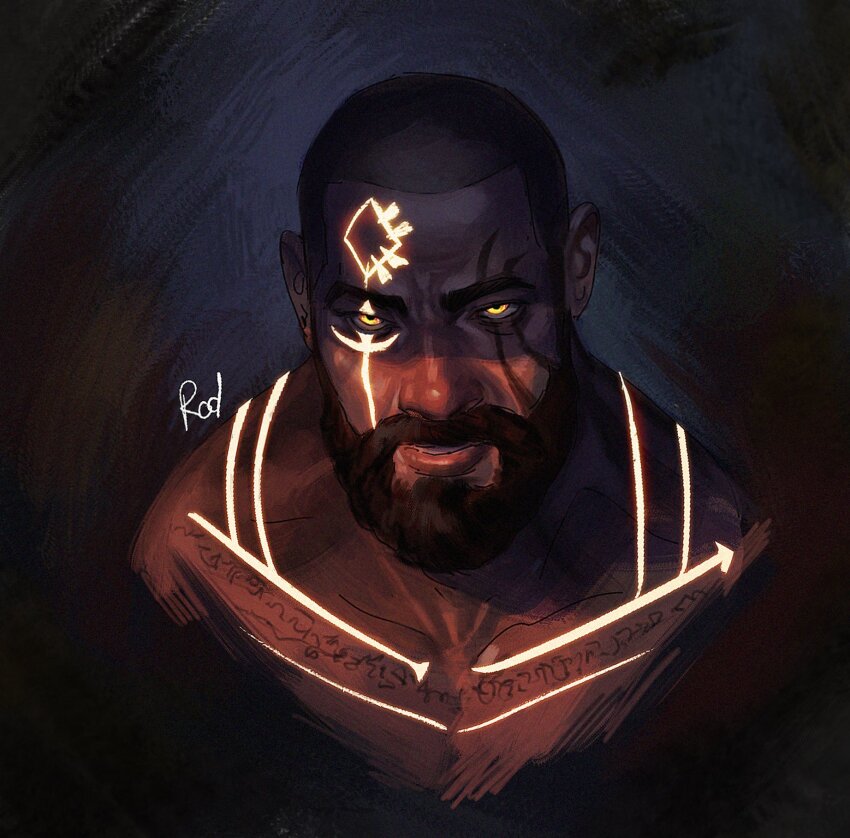 1boy, bara, beard, body_markings, character_request, cropped_torso, dark-skinned_male, dark_skin