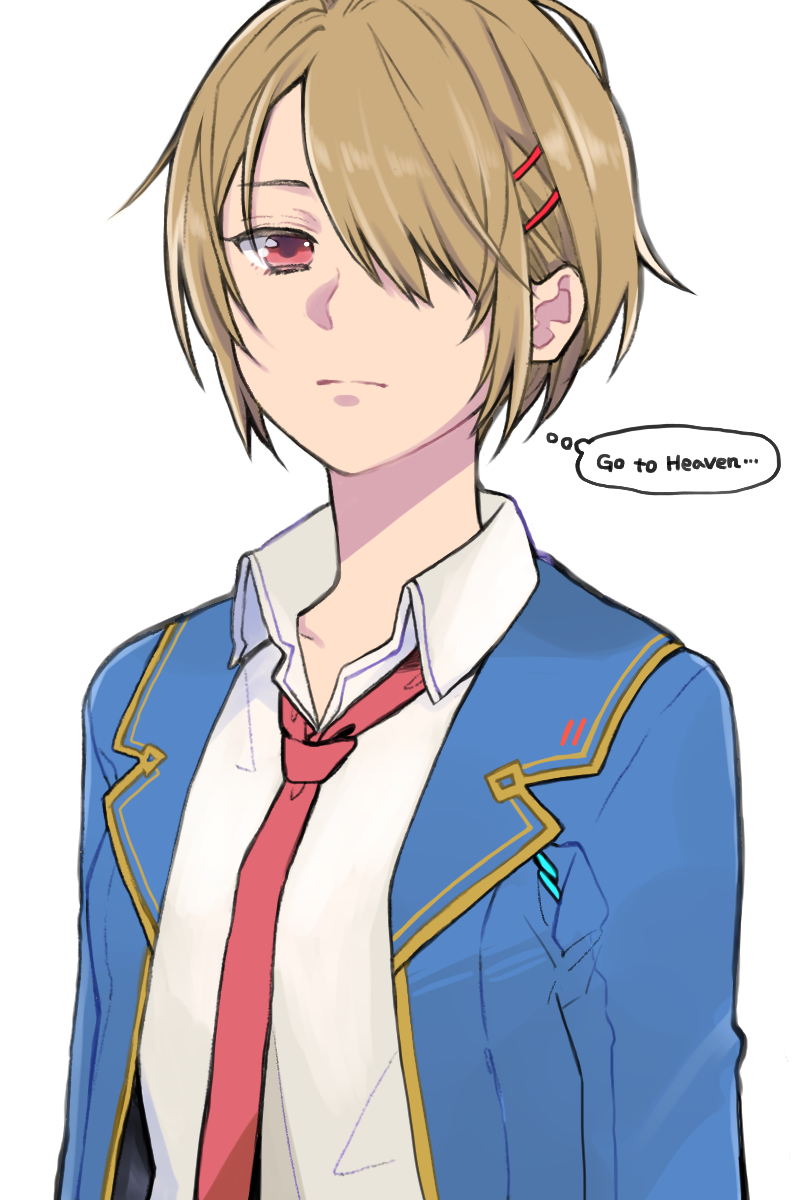 1girl, blazer, blue_jacket, brown_hair, closed_mouth, collared_shirt, english_text, hair_ornament