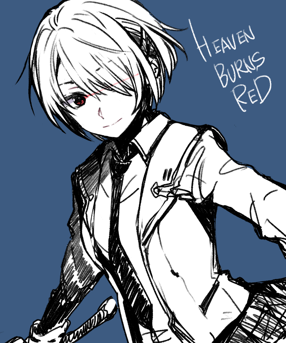 1girl, blazer, blue_background, closed_mouth, collared_shirt, copyright_name, dutch_angle, eye_trail