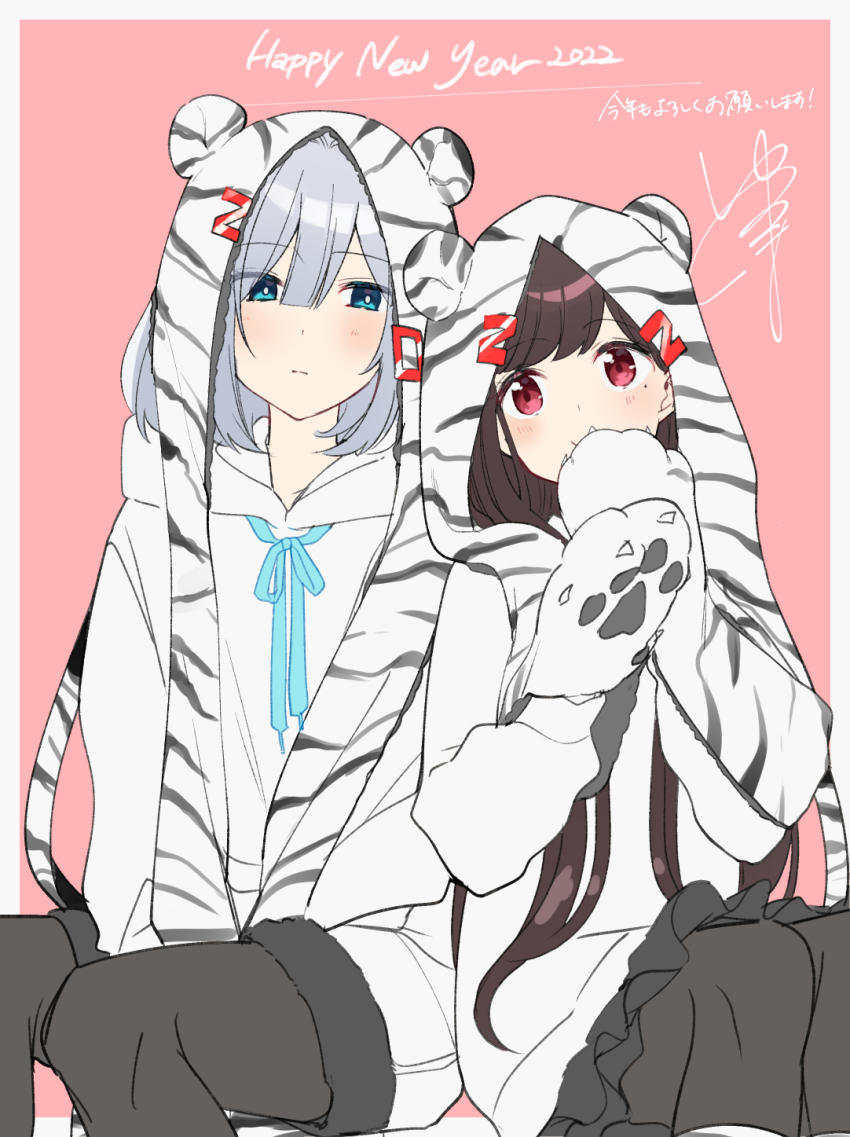 2022, 2girls, animal_ear_hood, animal_ears, animal_hands, asaka_kaori, black_pantyhose, blue_eyes