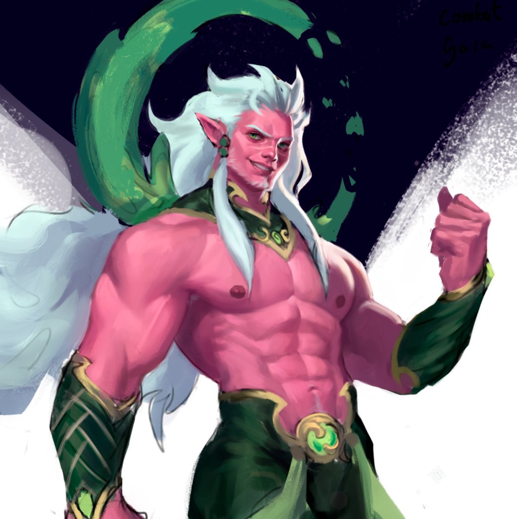 1boy, abs, bara, beard_stubble, bulge, check_copyright, clenched_hand, colored_skin