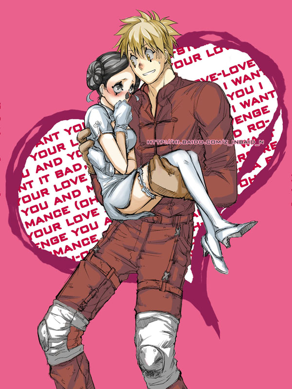 1boy, 1girl, blush, carrying, china_dress, chinese_clothes, dorohedoro, double_bun